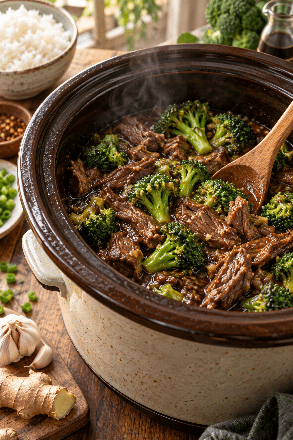 slow cooker beef broccoli preparation in progress