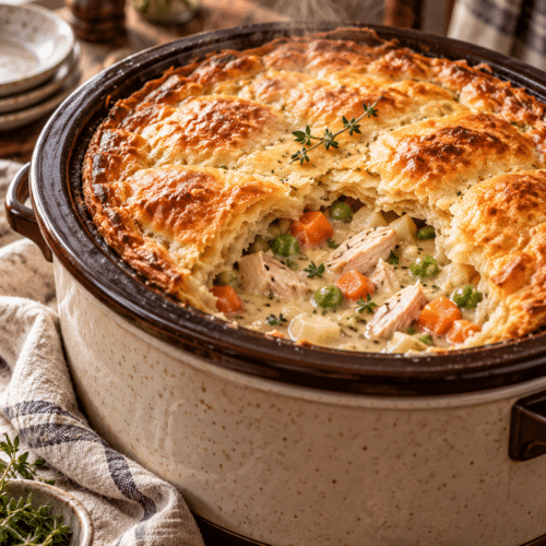 slow cooker chicken pot pie with golden puff pastry
