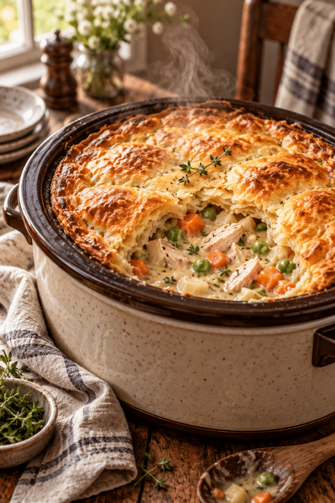 slow cooker chicken pot pie with golden puff pastry