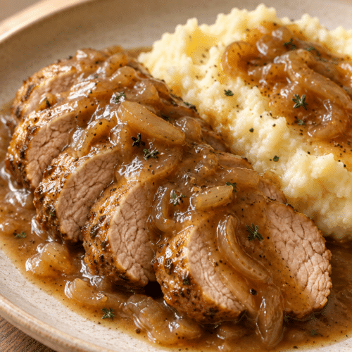 slow cooker pork tenderloin with onion gravy