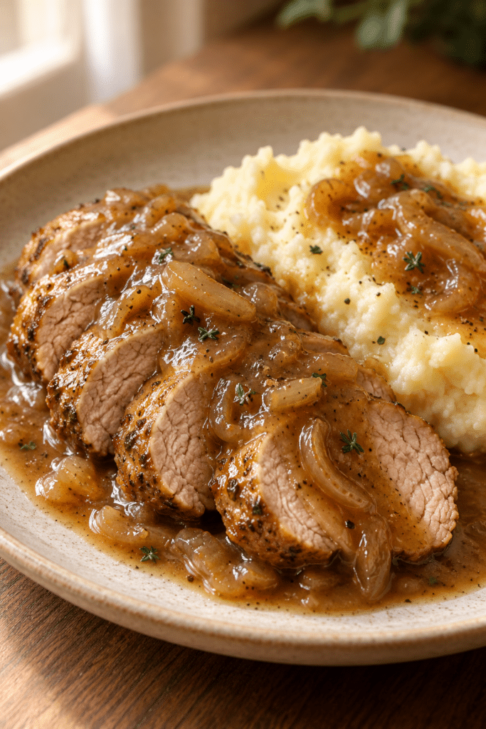 slow cooker pork tenderloin with onion gravy