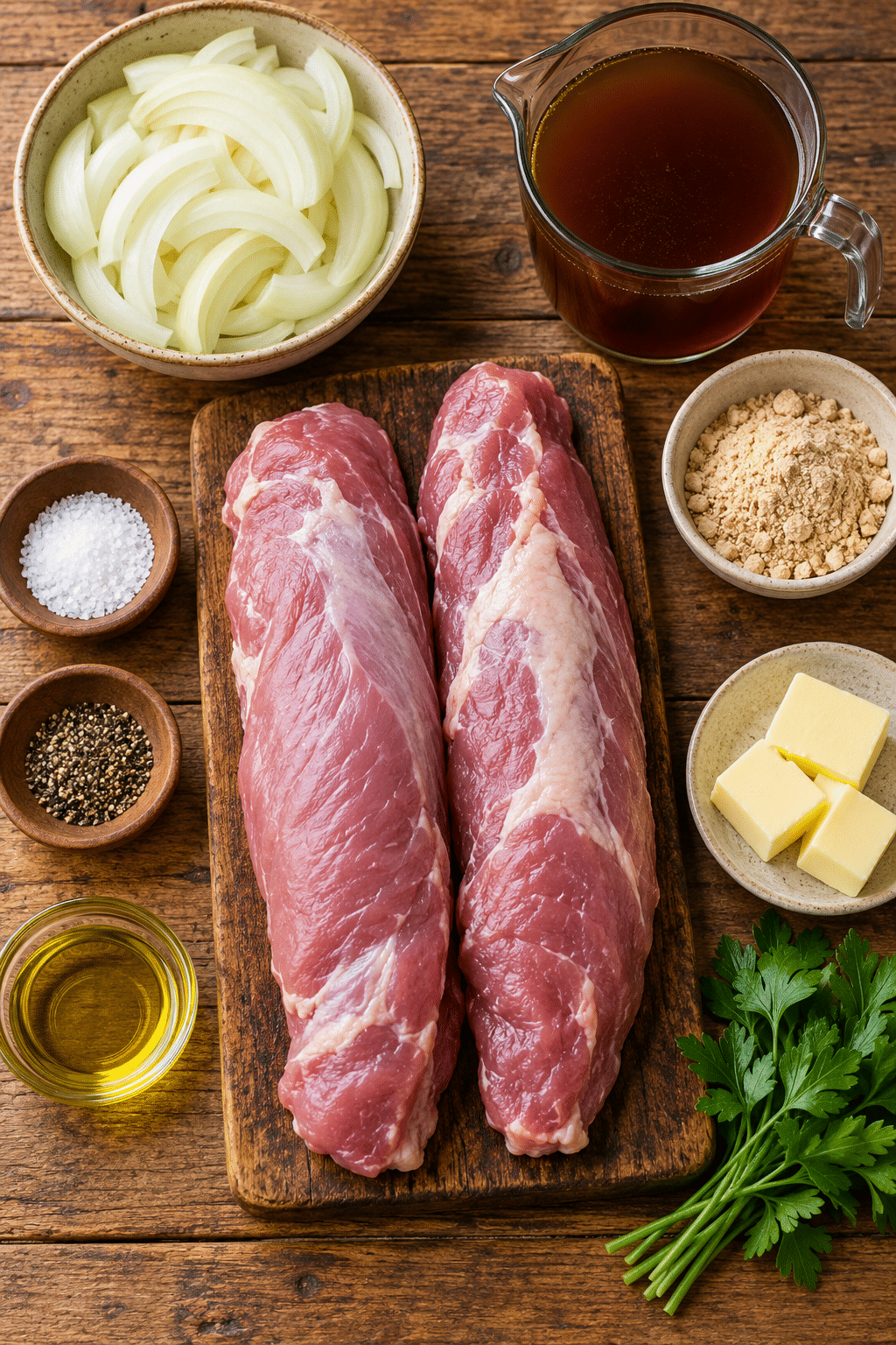 ingredients for slow cooker pork tenderloin arranged on a counter