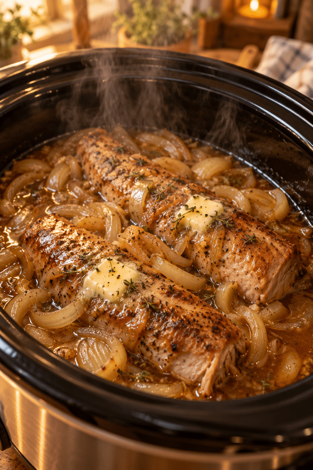pork tenderloin cooking with onions and gravy in a slow cooker