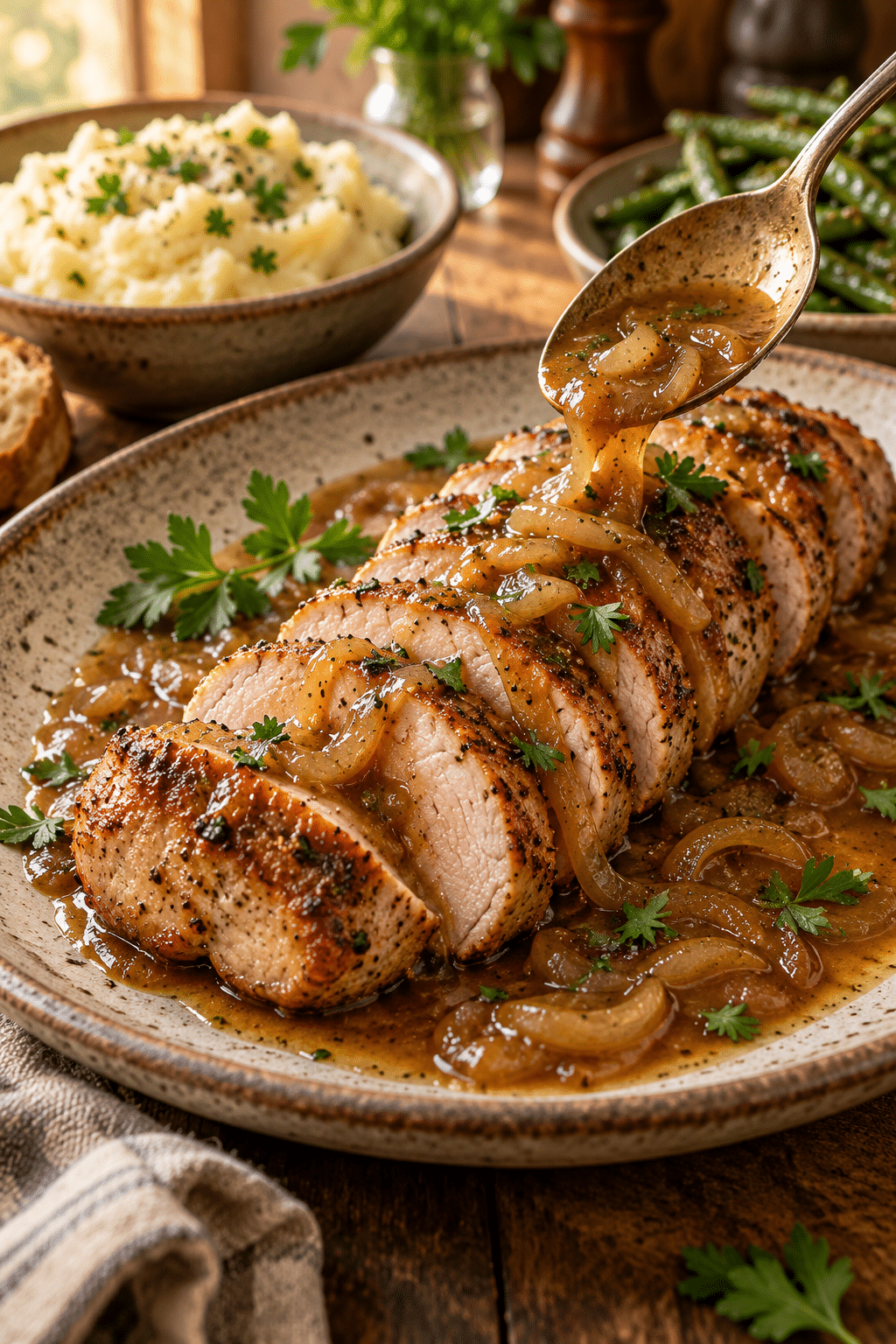 sliced slow cooker pork tenderloin served with onion gravy