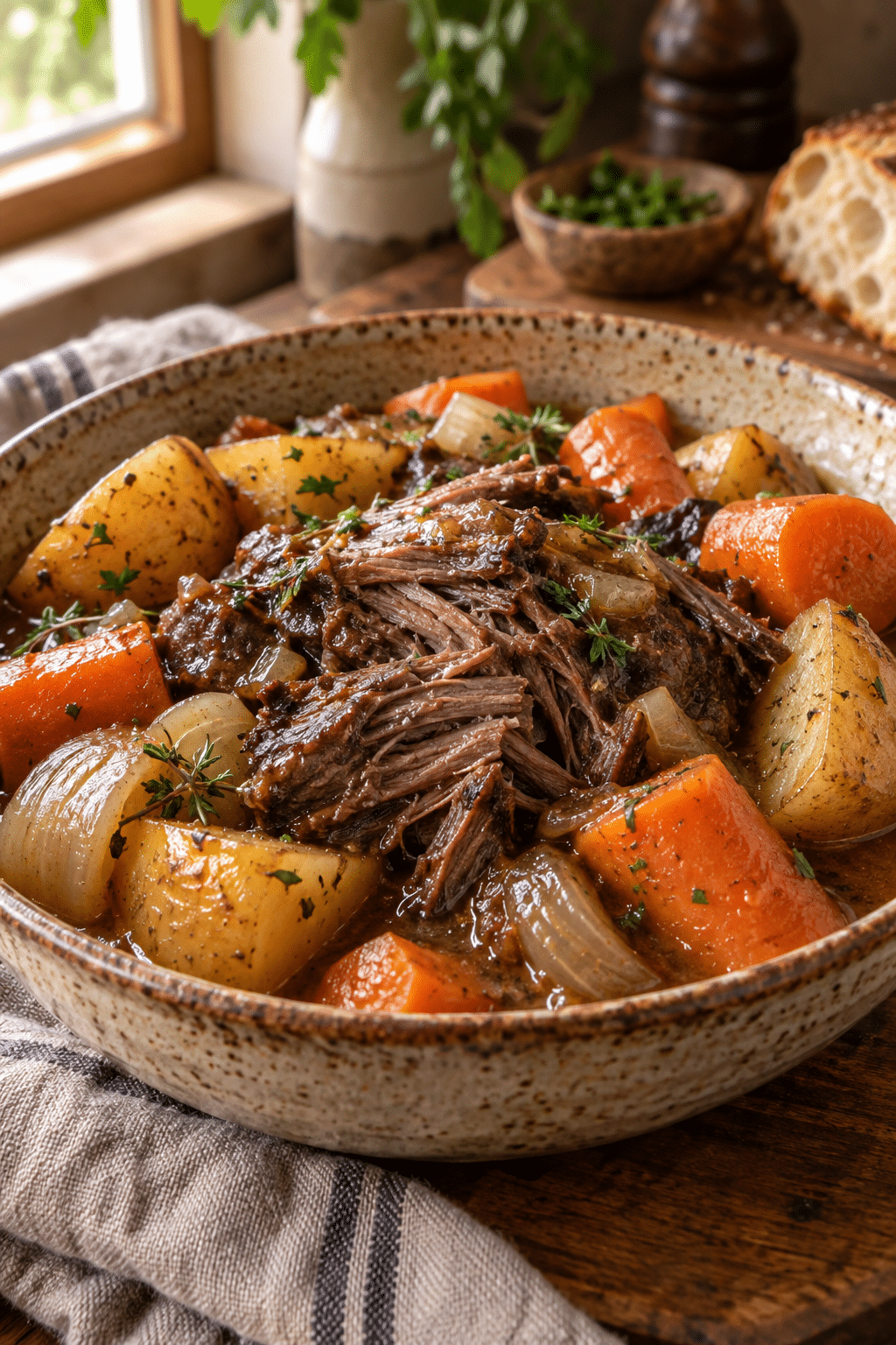 slow cooker pot roast ingredients arranged on a counter