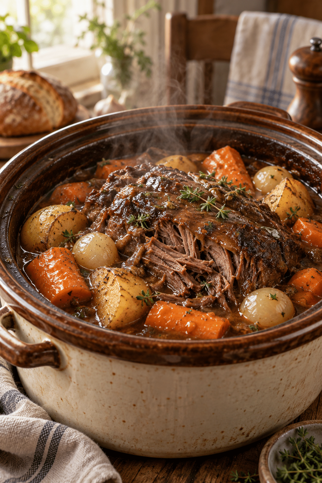 slow cooker pot roast being prepared with vegetables and broth