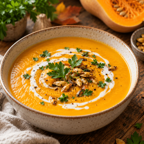 Bowl of spiced butternut squash soup with toasted seeds