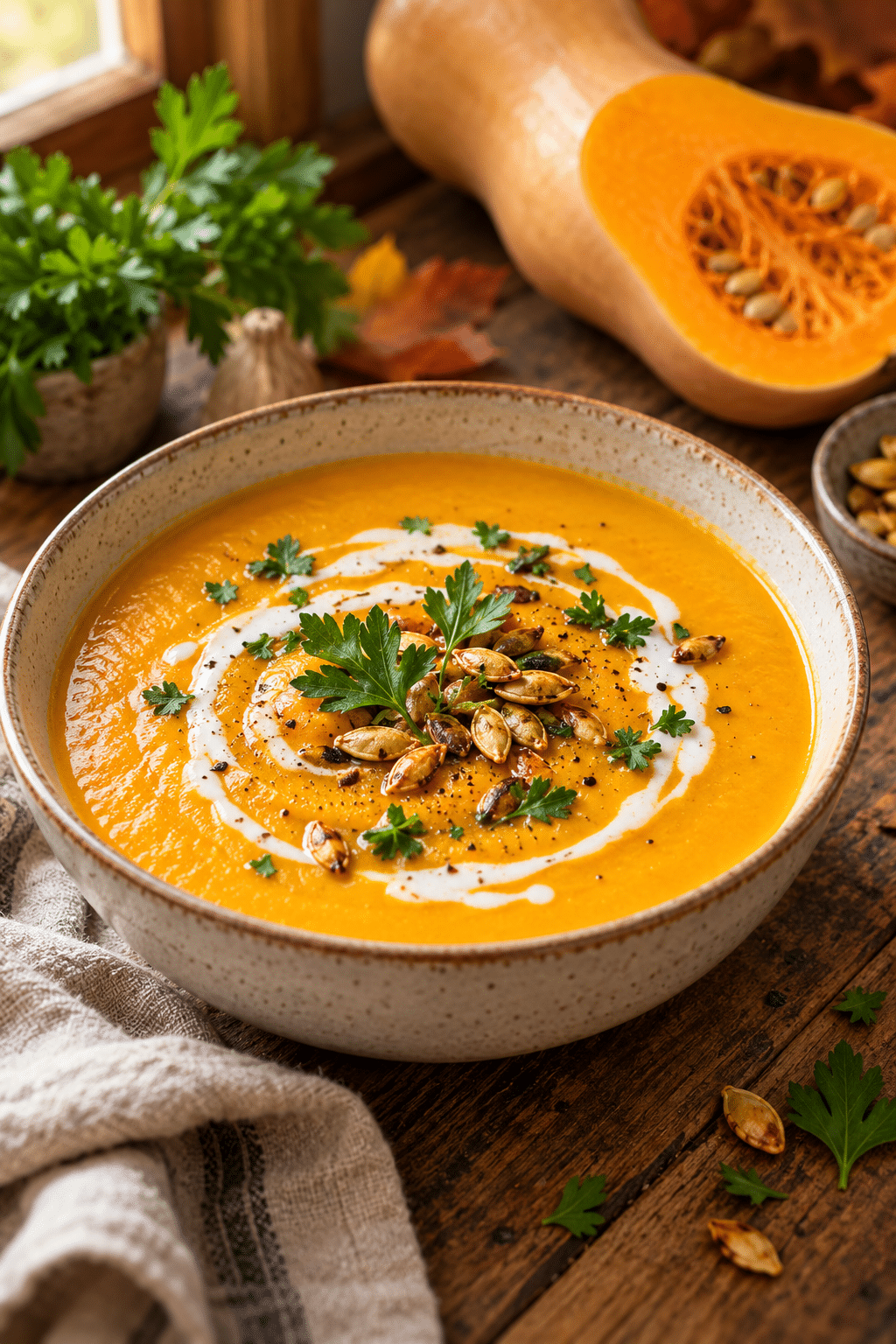 Bowl of spiced butternut squash soup with toasted seeds