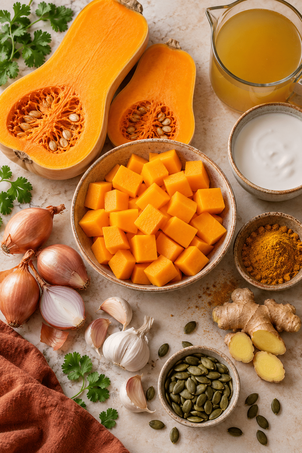 Ingredients for spiced butternut squash soup