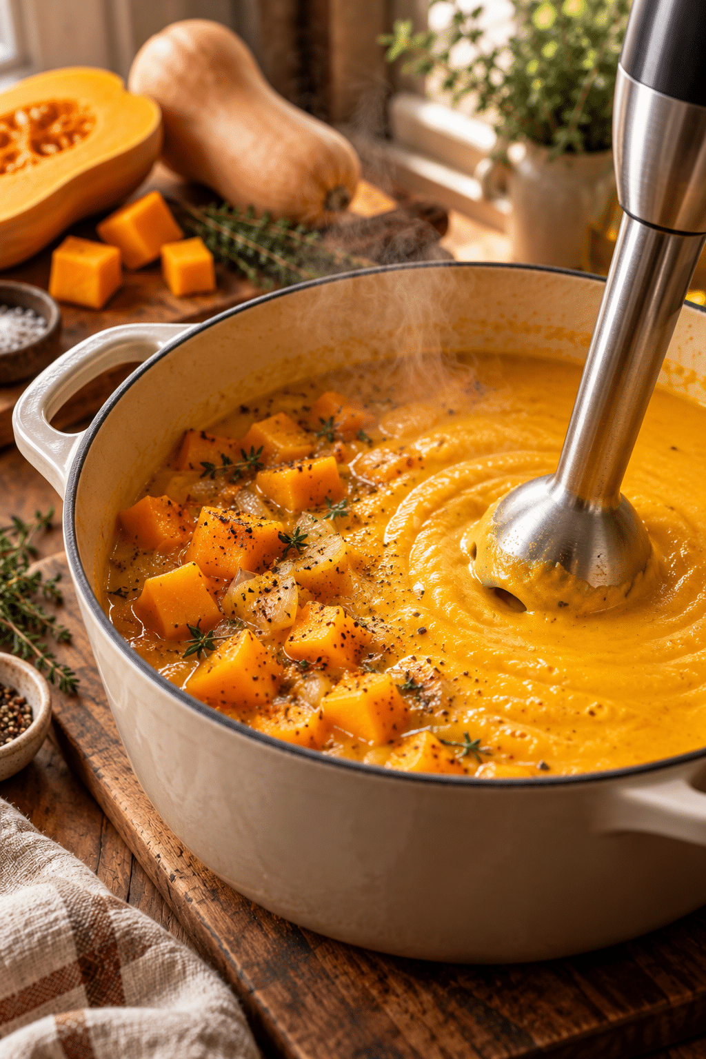 Blending spiced butternut squash soup in a saucepan