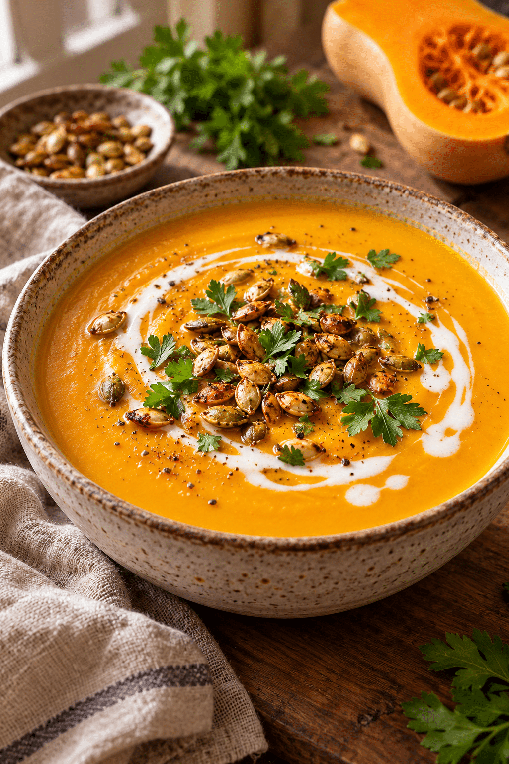 Finished spiced butternut squash soup with coconut milk swirl