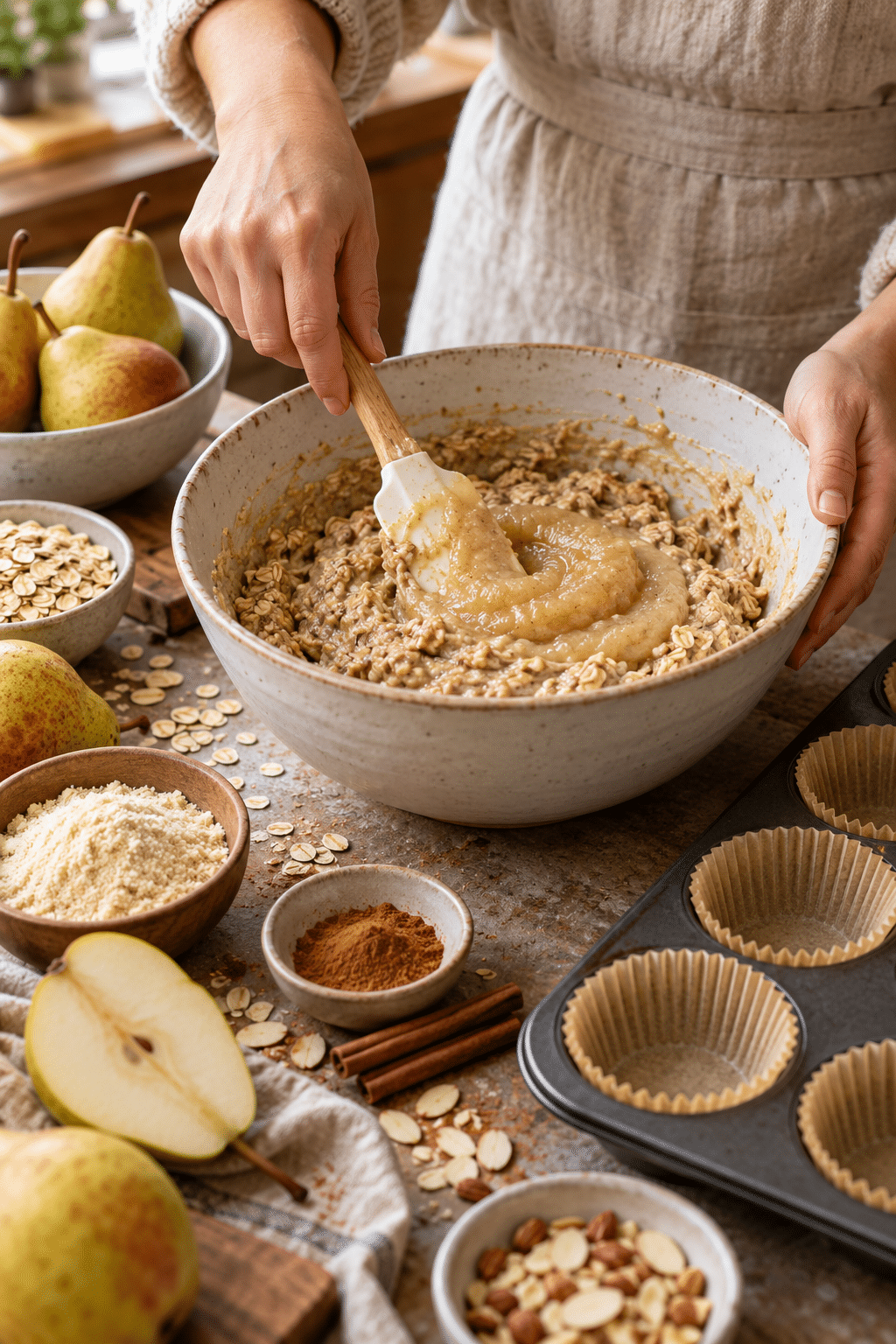 making spiced pear oat breakfast muffins