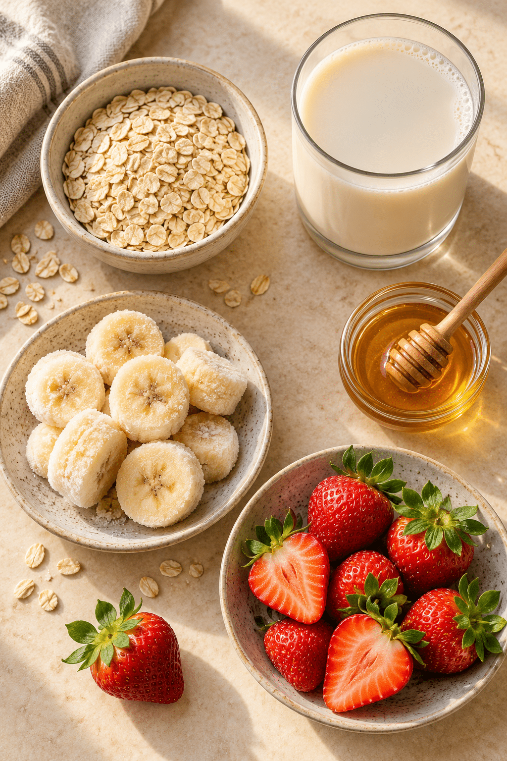 ingredients for strawberry oatmeal breakfast smoothie