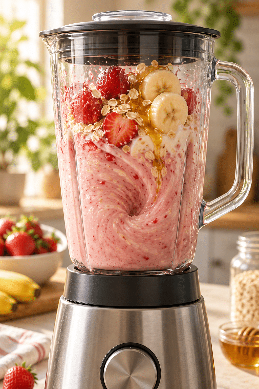 blending strawberry oatmeal smoothie