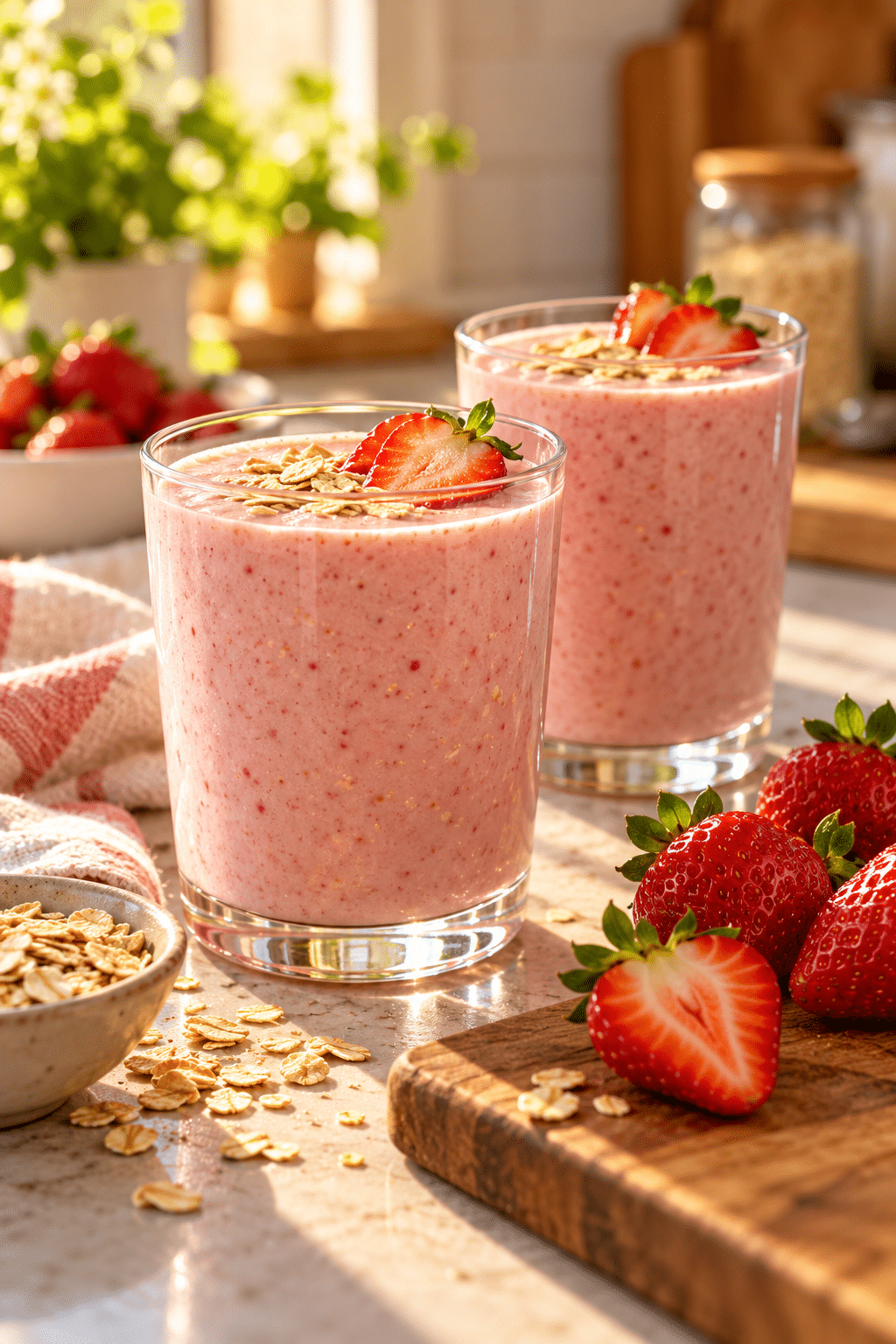 strawberry oatmeal breakfast smoothies served
