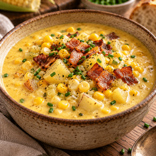 Bowl of summer corn chowder with corn and chives