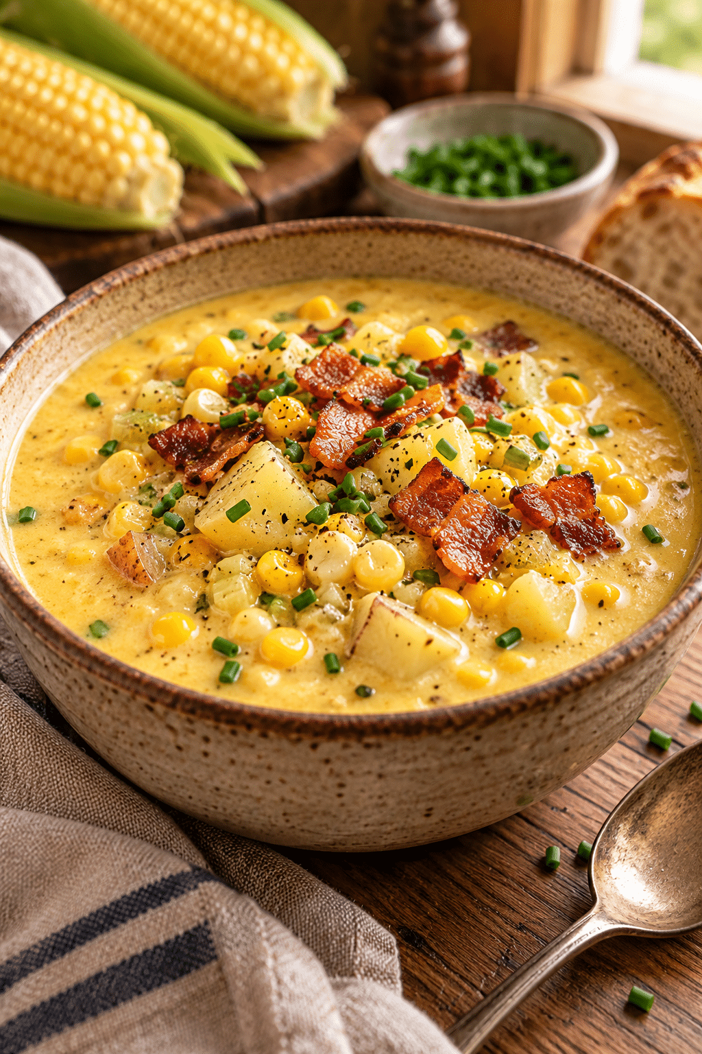 Bowl of summer corn chowder with corn and chives