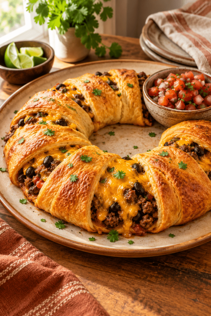 taco stuffed crescent ring with cheddar