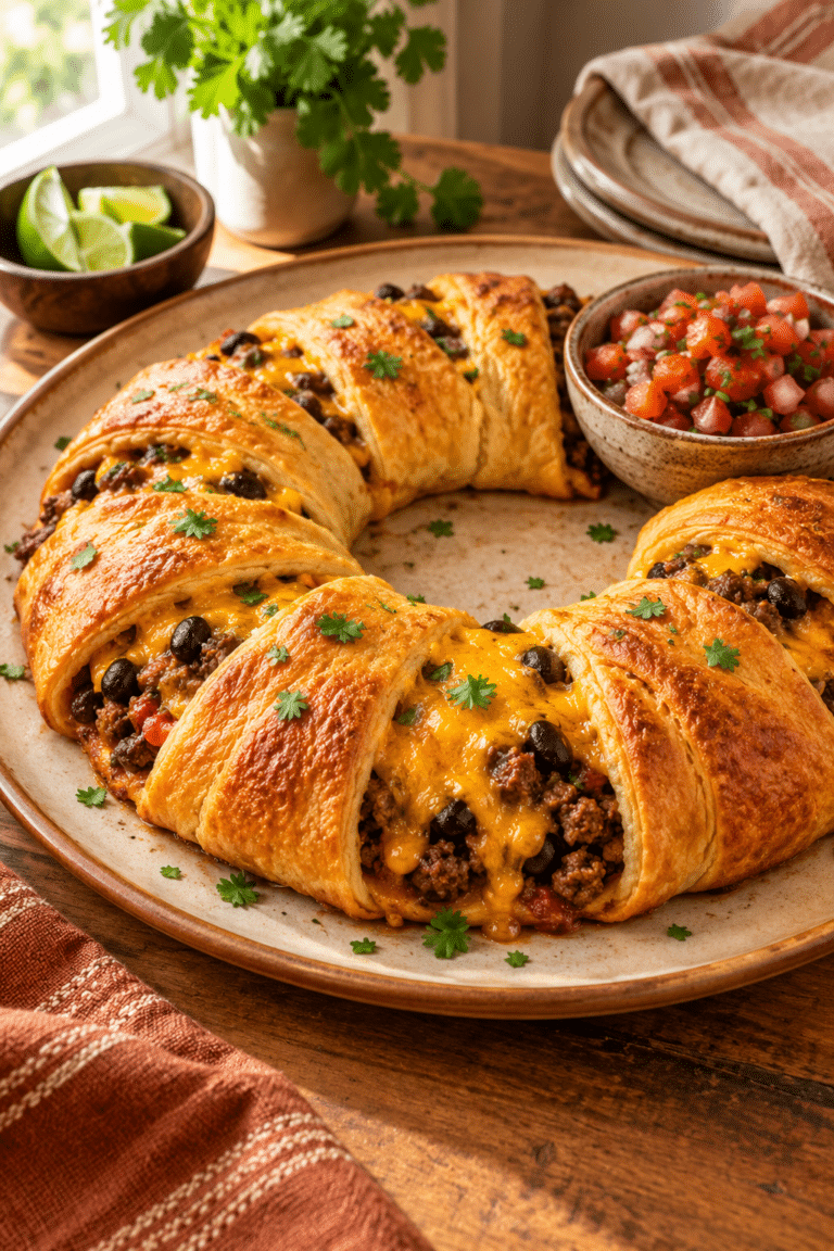 taco stuffed crescent ring with cheddar