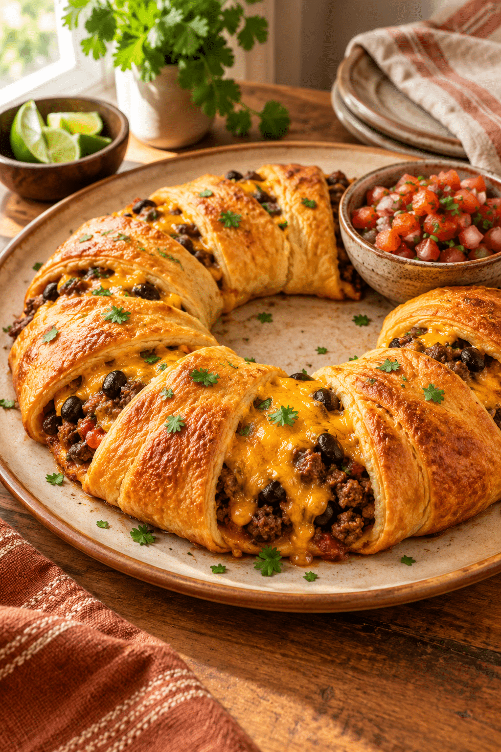 taco stuffed crescent ring with cheddar
