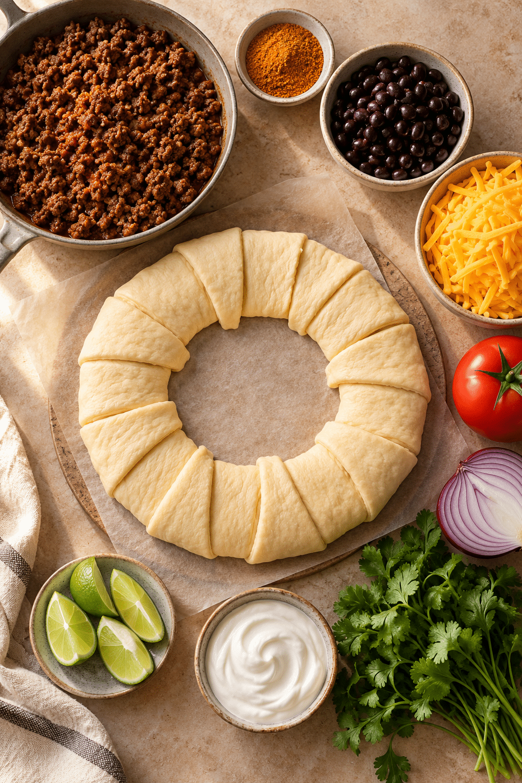taco stuffed crescent ring ingredients arranged