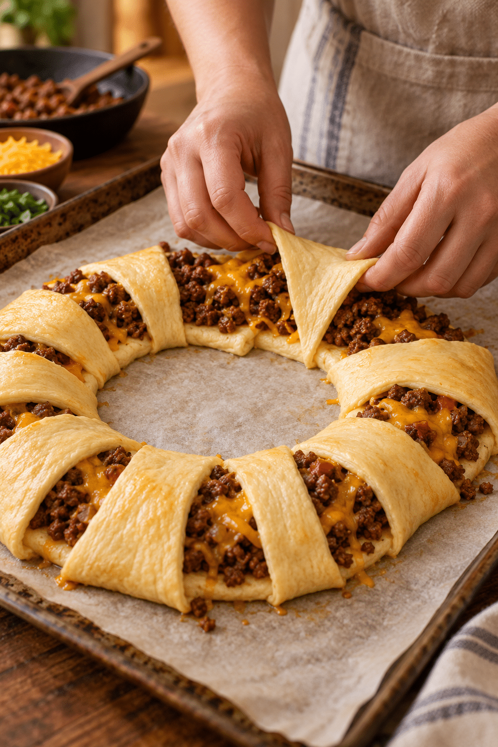 taco stuffed crescent ring being assembled