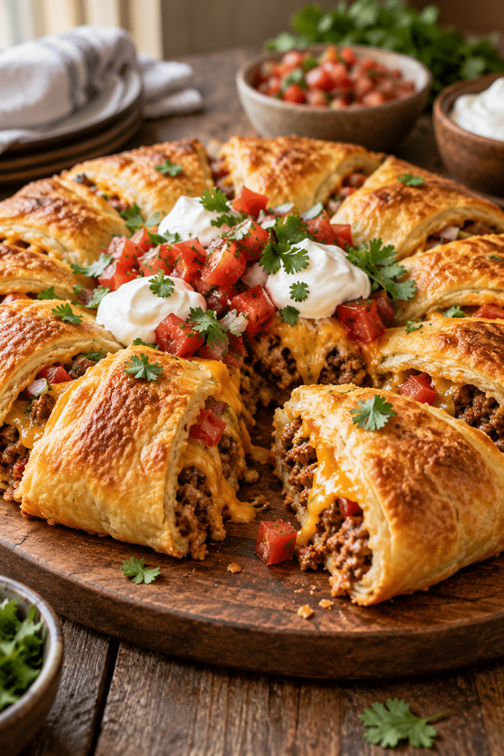 sliced taco stuffed crescent ring with salsa