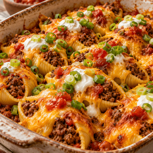 taco stuffed pasta shells with cheesy taco beef