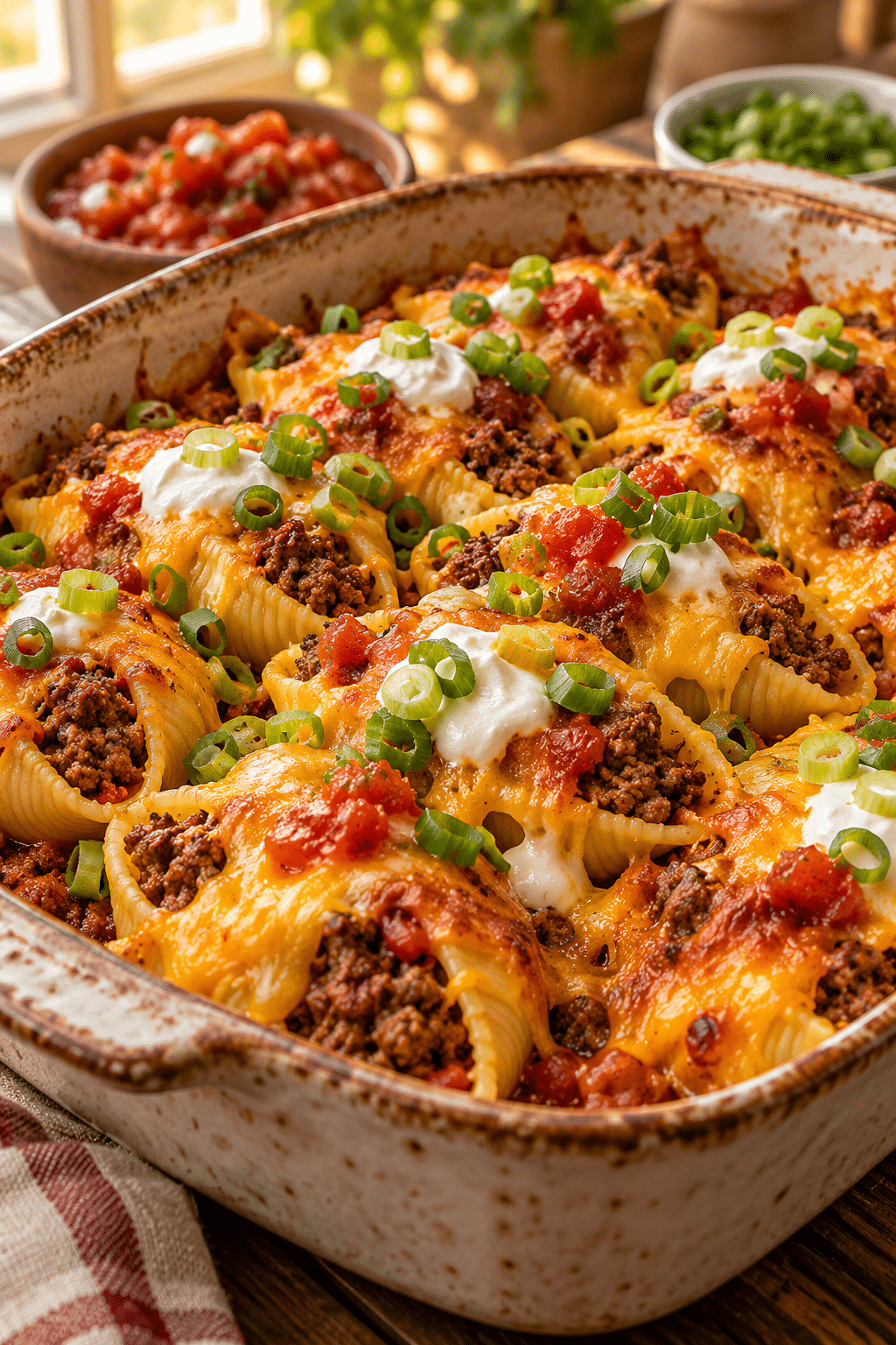 taco stuffed pasta shells with cheesy taco beef