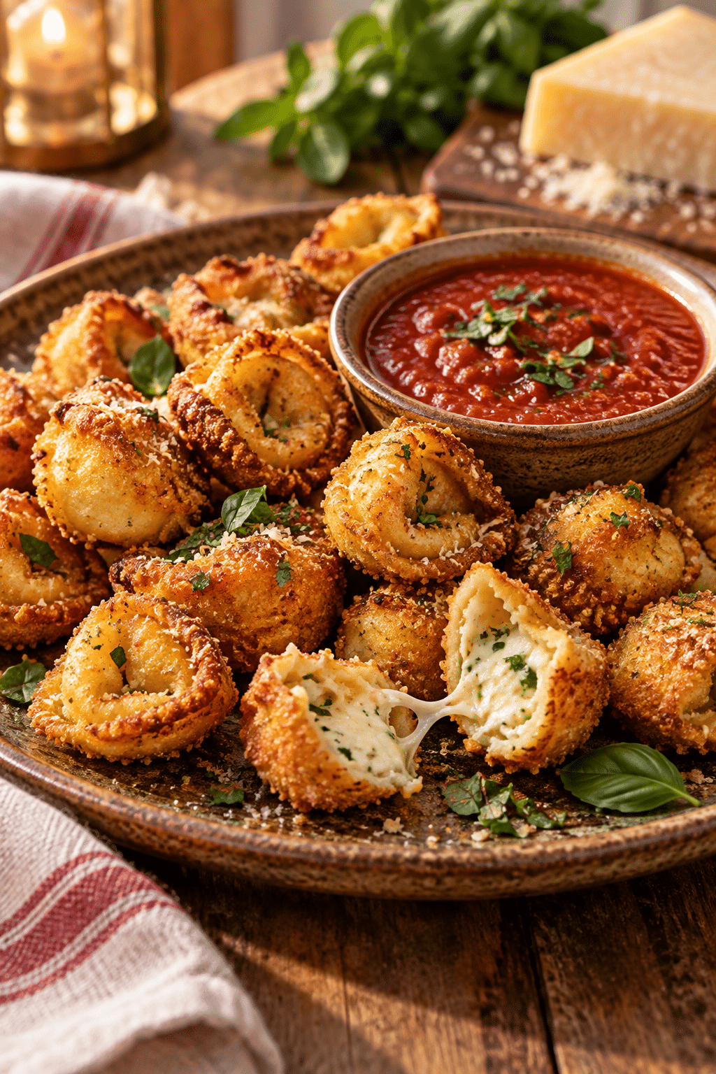 crispy tortellini party snacks served with marinara
