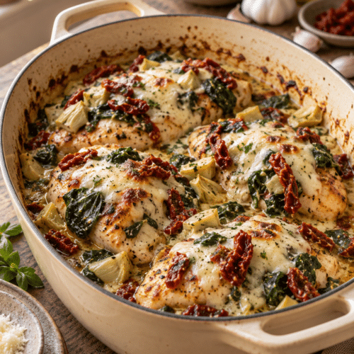 Tuscan garlic chicken with spinach and artichokes