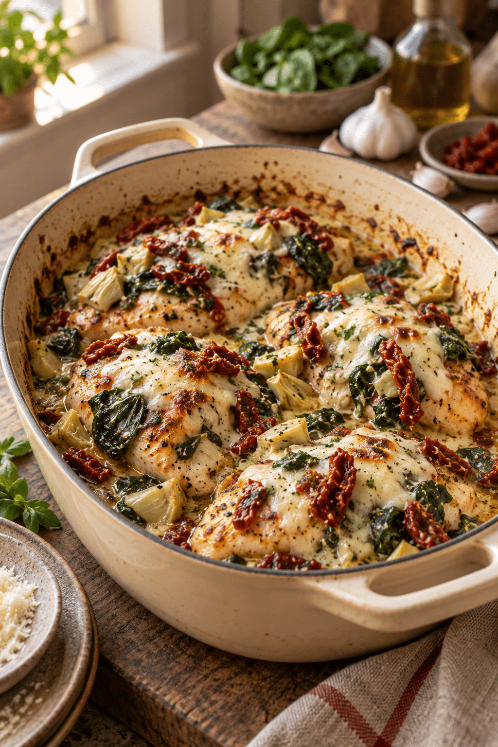 Tuscan garlic chicken with spinach and artichokes