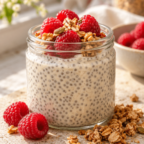 vanilla chia pudding with berries and granola