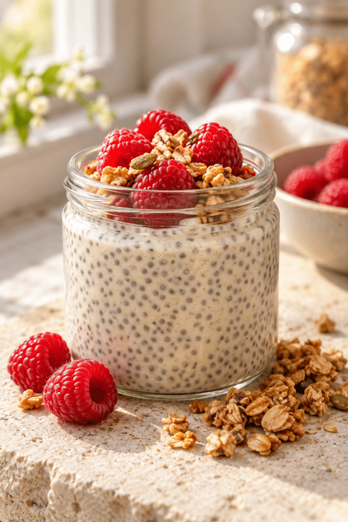 vanilla chia pudding with berries and granola