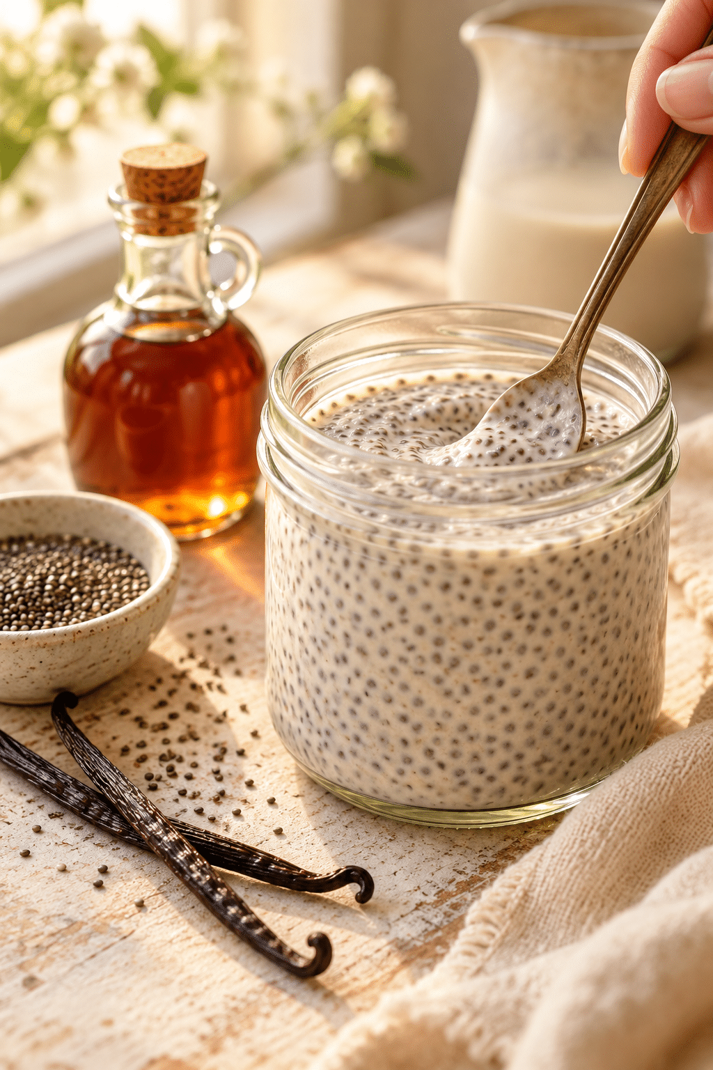stirring vanilla chia pudding in a glass jar