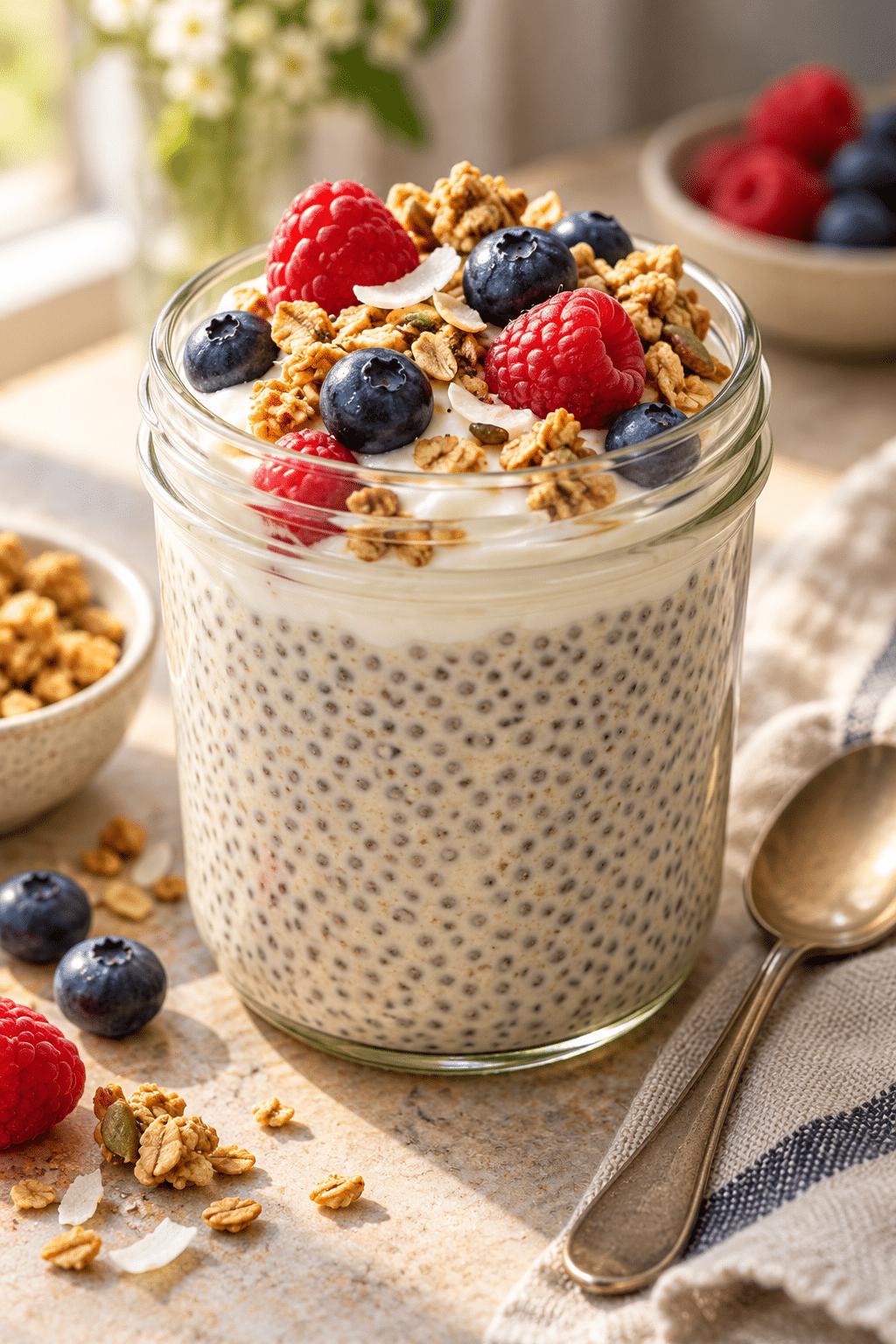 finished vanilla chia pudding topped with berries and granola