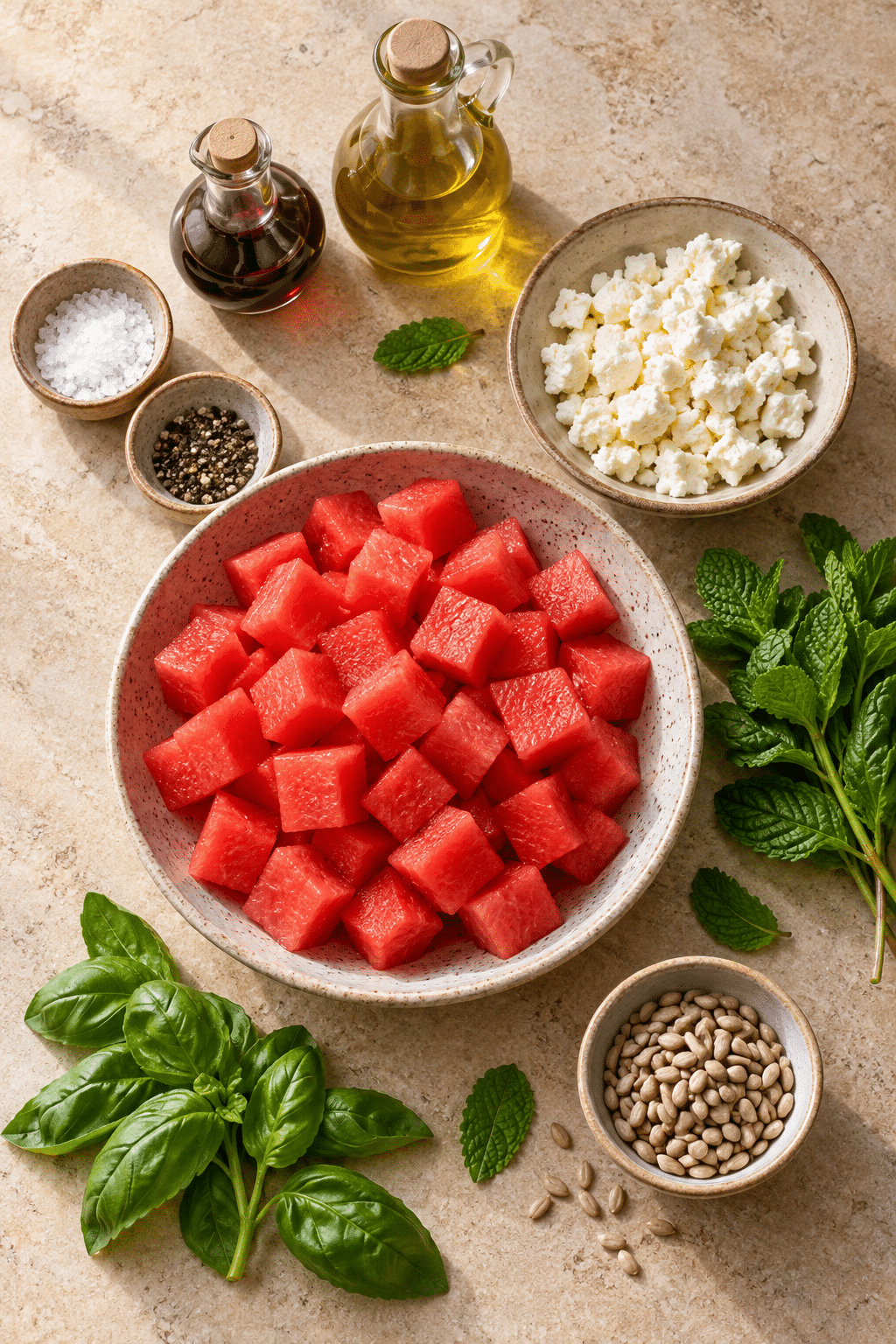 Ingredients for watermelon salad with watermelon, feta, herbs and sunflower seeds
