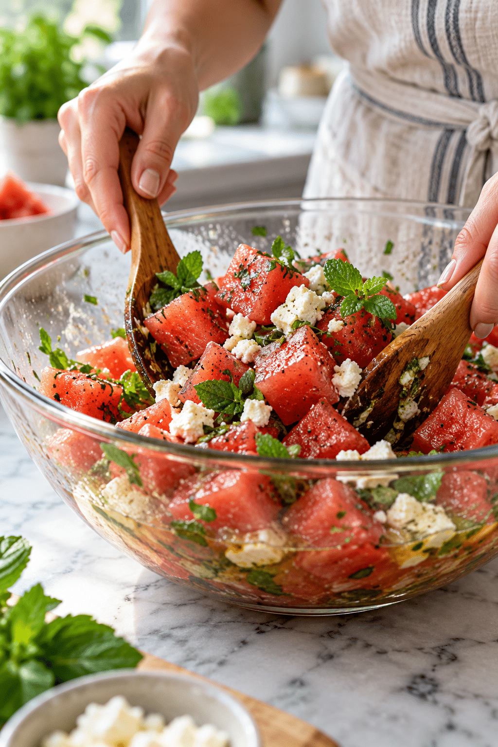Tossing watermelon salad with feta, herbs and vinaigrette