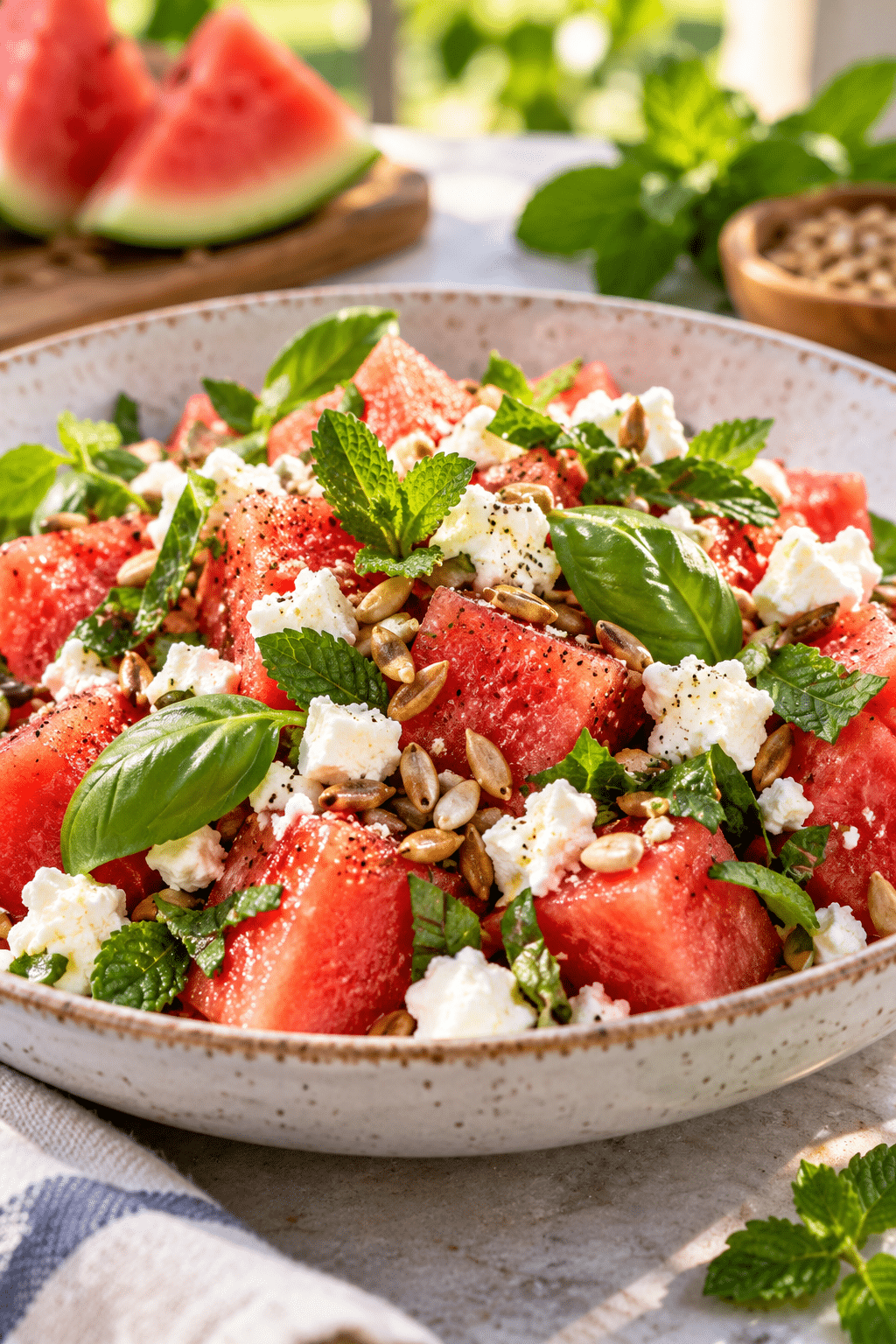 Finished watermelon salad with feta, mint, basil and sunflower seeds